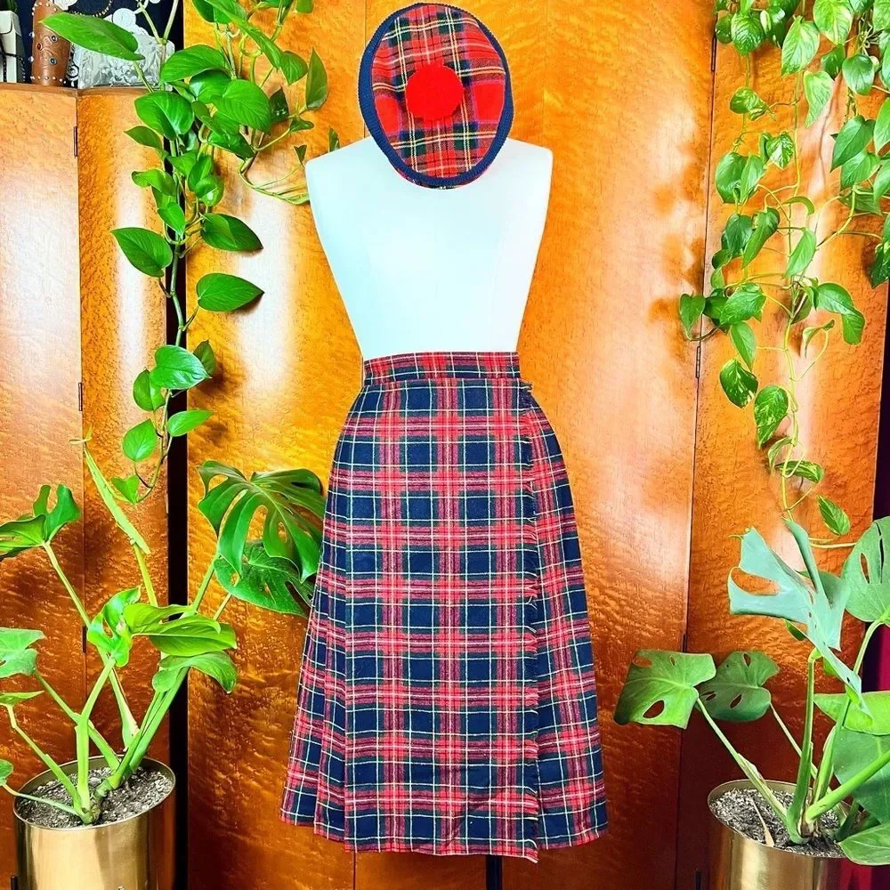 NWT DEADSTOCK 1970’s 70s Vintage Red Wool Plaid Pleated Fringe Kilt Skirt Xs 24w - Picture 1 of 10